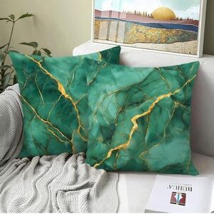 FOUR Green and Gold Marble Throw Pillow Covers